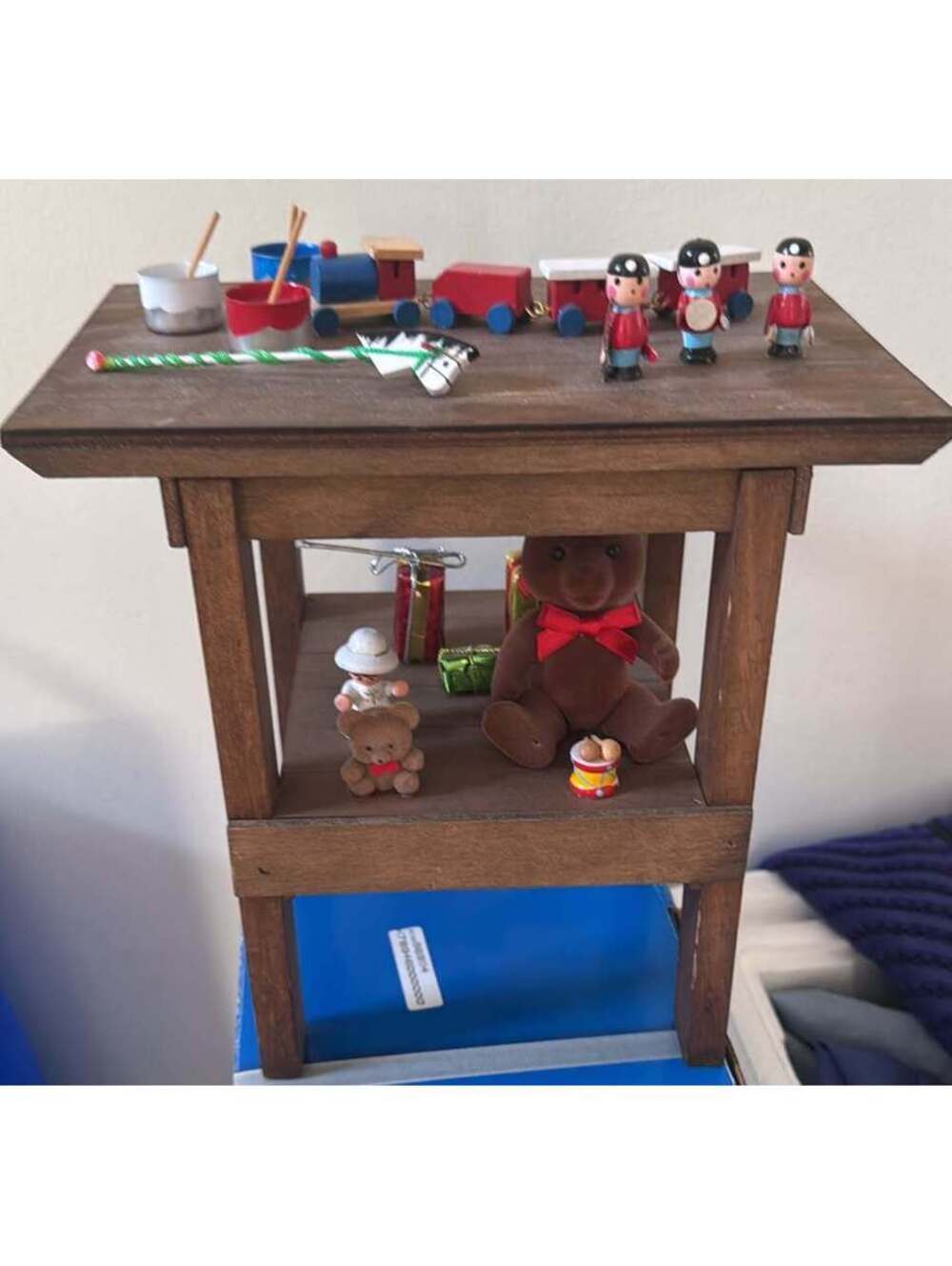 Santas workshop- Miniature Wooden Two-Tier Display Stand with Toys